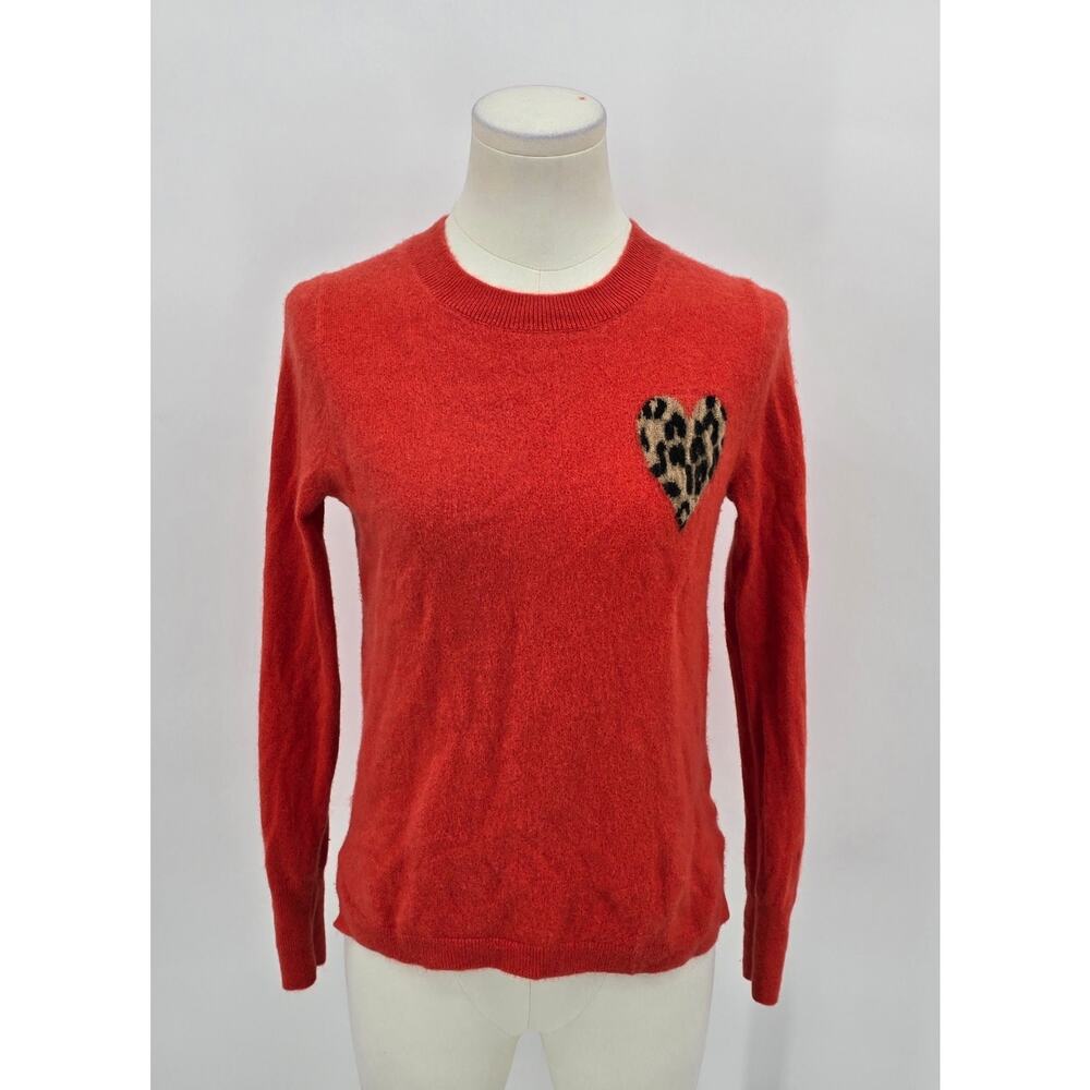 J Crew Preppy 100% Cashmere Crewneck Sweater with Leopard Heart